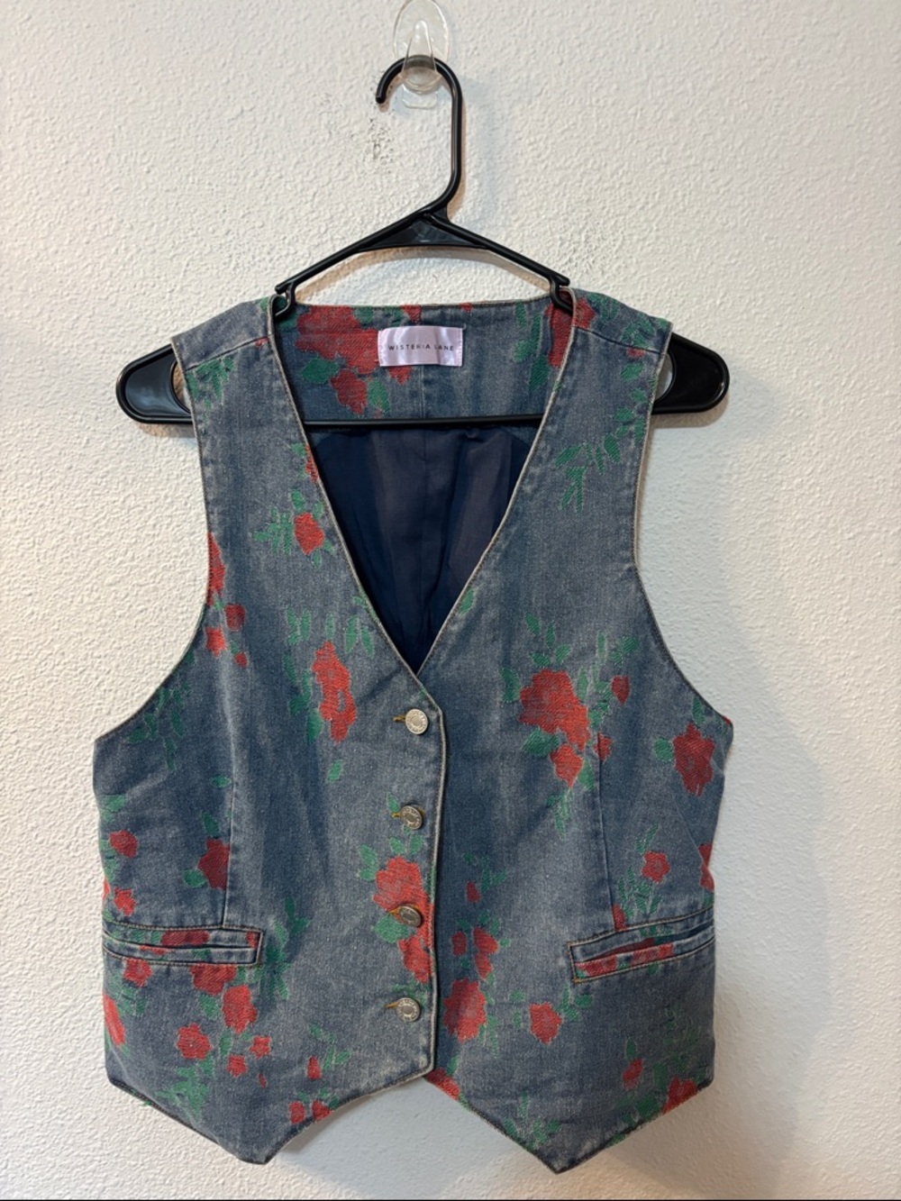 Wisteria Land Floral Denim Vest with Red Roses